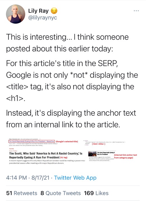 Tweet from Lily Ray, reading "This is interesting. I think someone posted about this earlier today: For this article's title in the SERP, Google is not only not displaying the title tag, it's also not displaying the h1. Instead it's displaying anchor text from an internal link to the article."