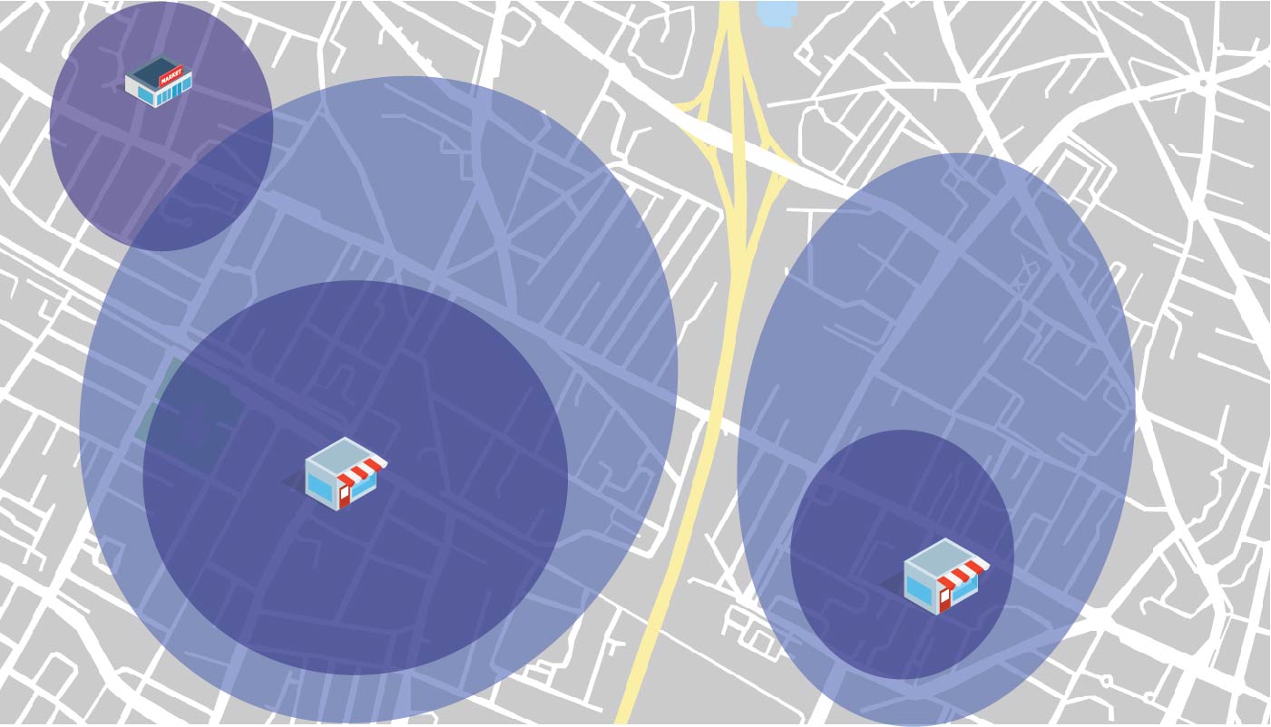 A map that shows targeting around business locations and a competitor.